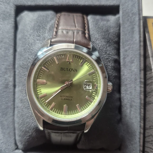 Bulova Surveyor Automatic Green Dial Brown Leather Strap Watch 39mm - 96B427